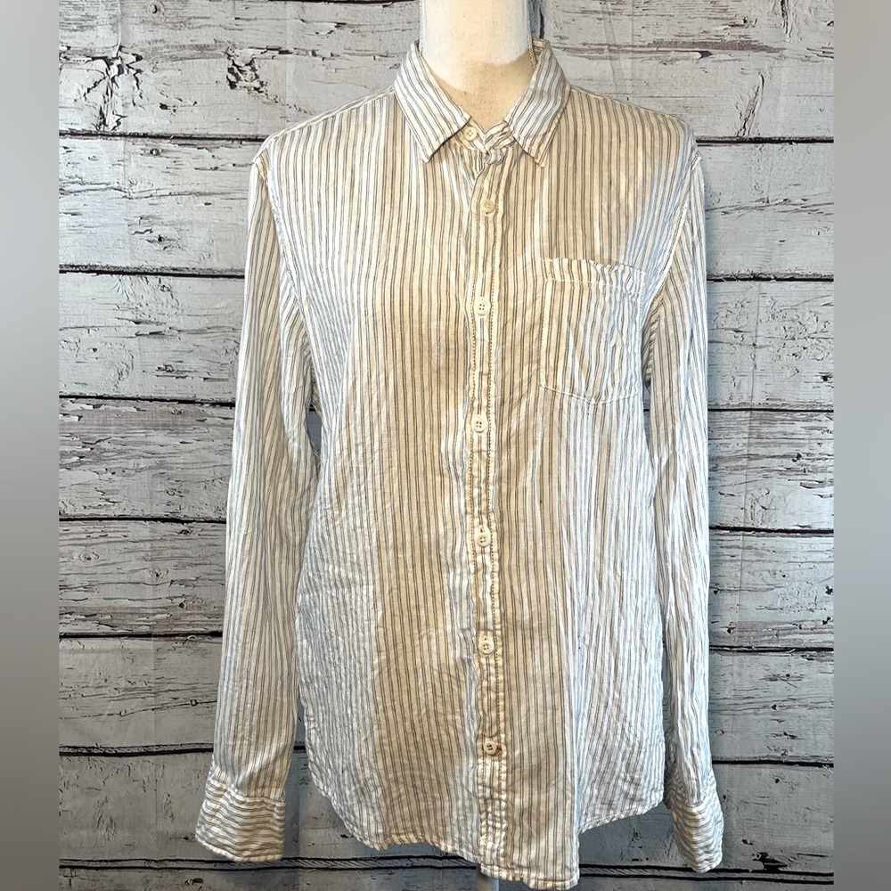 FAT FACE Button Down Shirt Irish Linen White w Blue Stripes-Medium